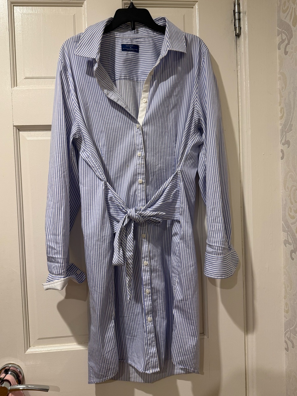 UNTUCKit Light Blue & White Striped Tie-Waist Shirt Dress